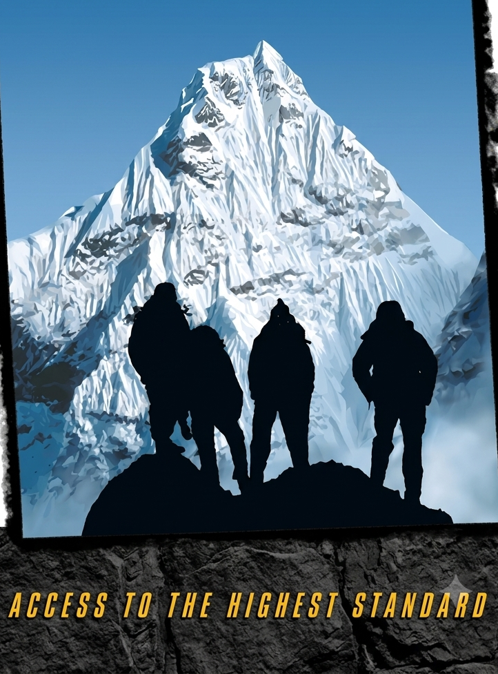 Four climbers silhouetted on a ridge before a snow-capped summit, beneath the words Access to the Highest Standard